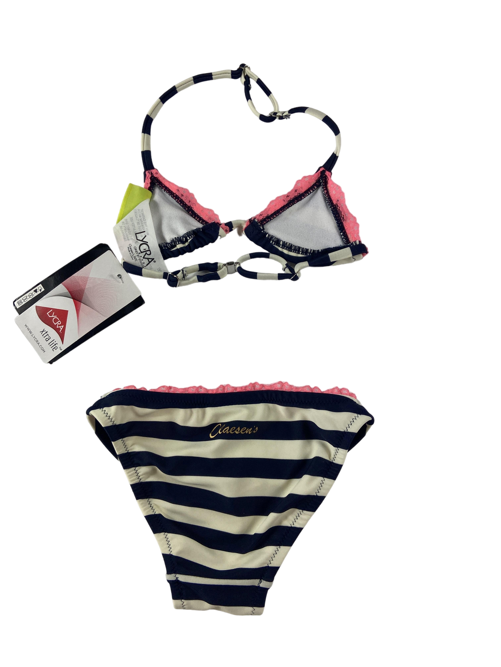 Bikinis & Zweiteiler Badebekleidung Kleidung Bikini Gestreift mit pinker Spitze Rear Image Last Season