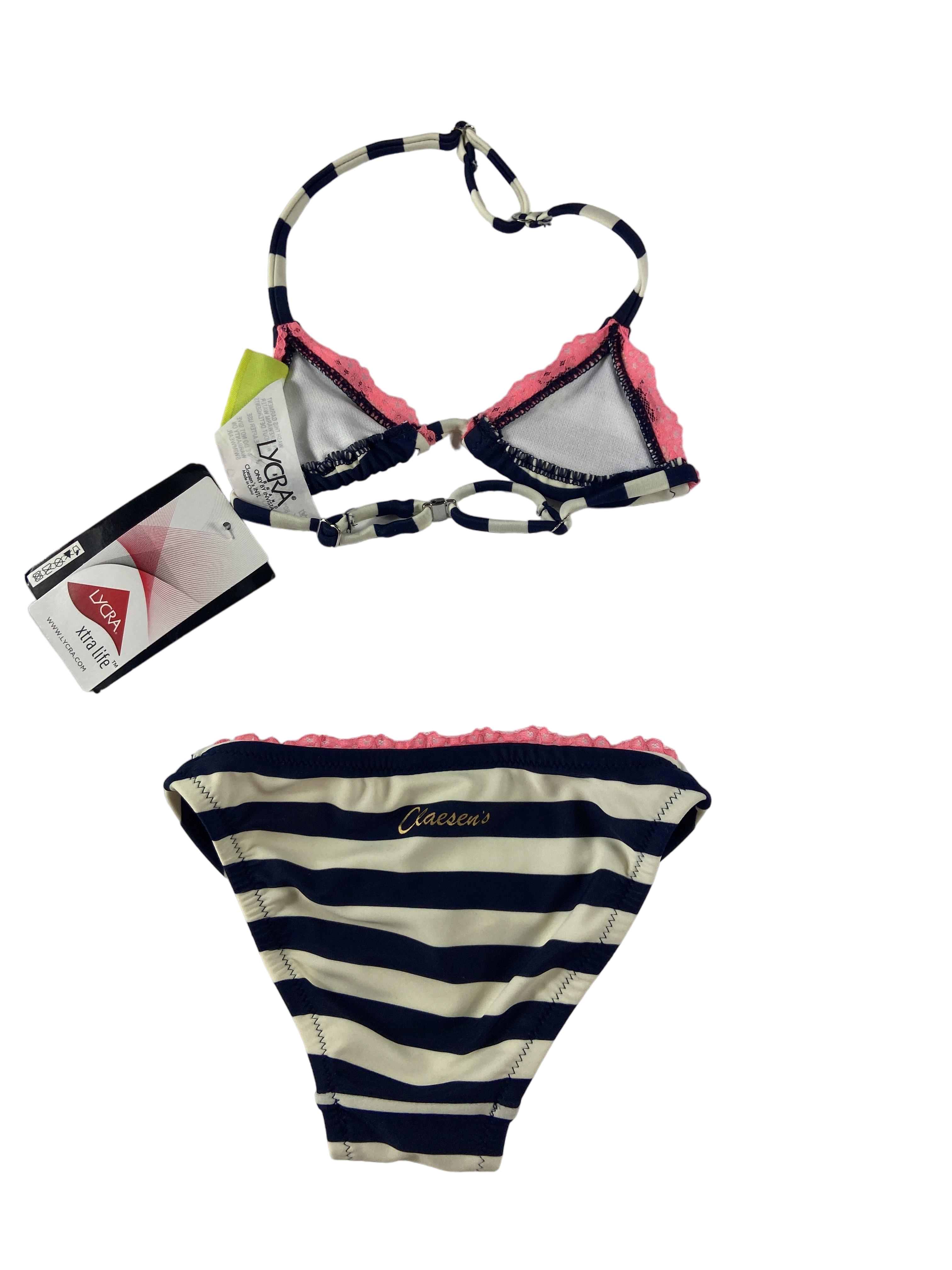 Bikinis & Zweiteiler Badebekleidung Kleidung Bikini Gestreift mit pinker Spitze Rear Image Last Season