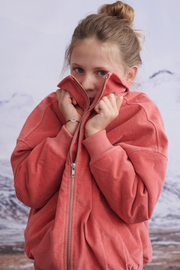 Louisa Jacke in ausgewaschenem pink mit olive farbenem Teddybär Futter 110/116